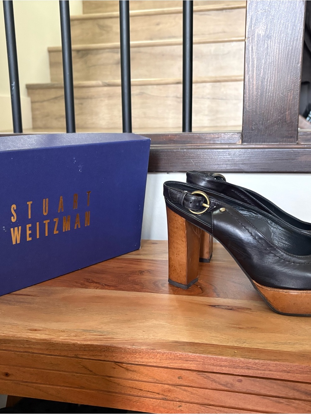 Stuart Weitzman Black Leather Slingback Mules with Wood Block Heel, size 7.5